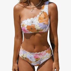 NWT Cupshe 2 Piece Swimsuit One Shoulder Floral White Pink Orange LARGE